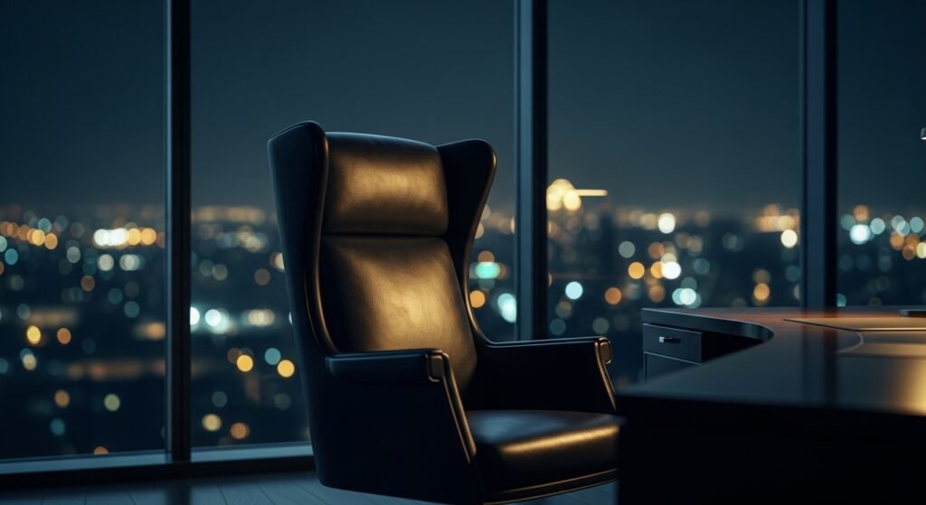 Uma cadeira de escritório vazia à noite, simbolizando a exaustão da alta performance.