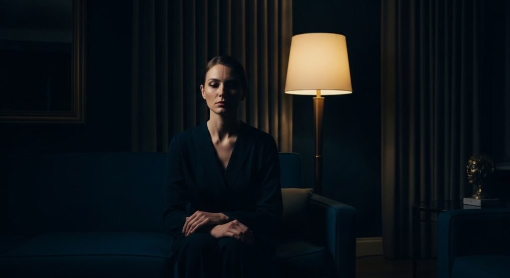 Pessoa elegante sentada na penumbra, refletindo sobre a exaustão de ser o adulto da relação e o peso de ser a âncora da família.