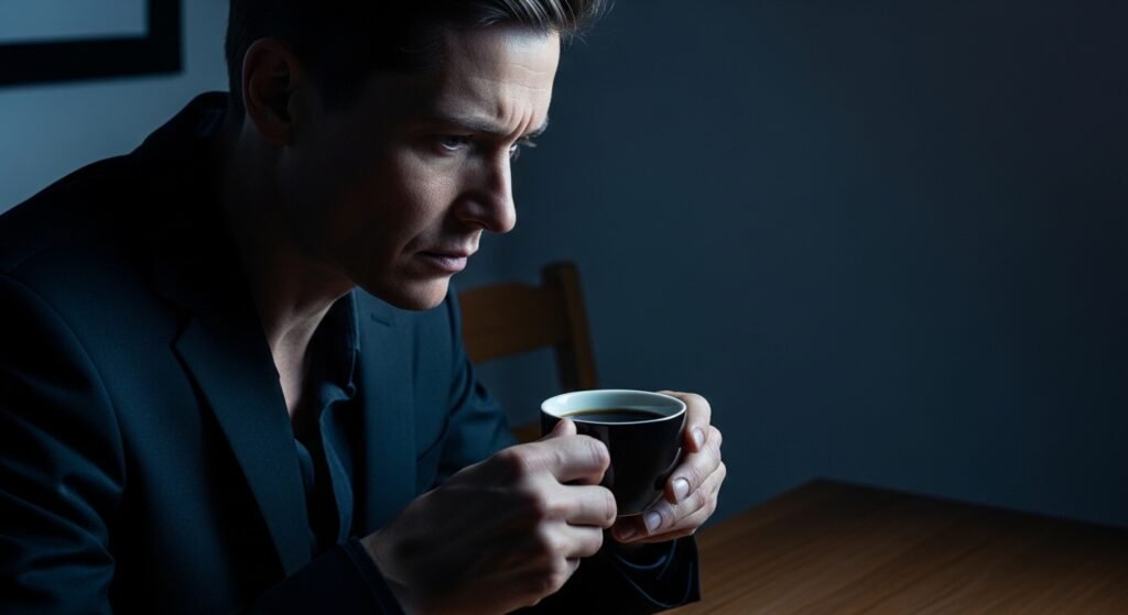 Fotografia em tom escuro de uma pessoa exausta segurando um café, representando as dores físicas do estresse e da gastrite emocional.