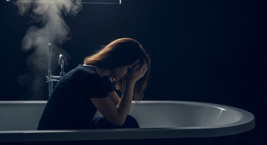 Mulher exausta sentada na beira da banheira, representando a culpa e o choro escondido da a exaustão materna crônica.