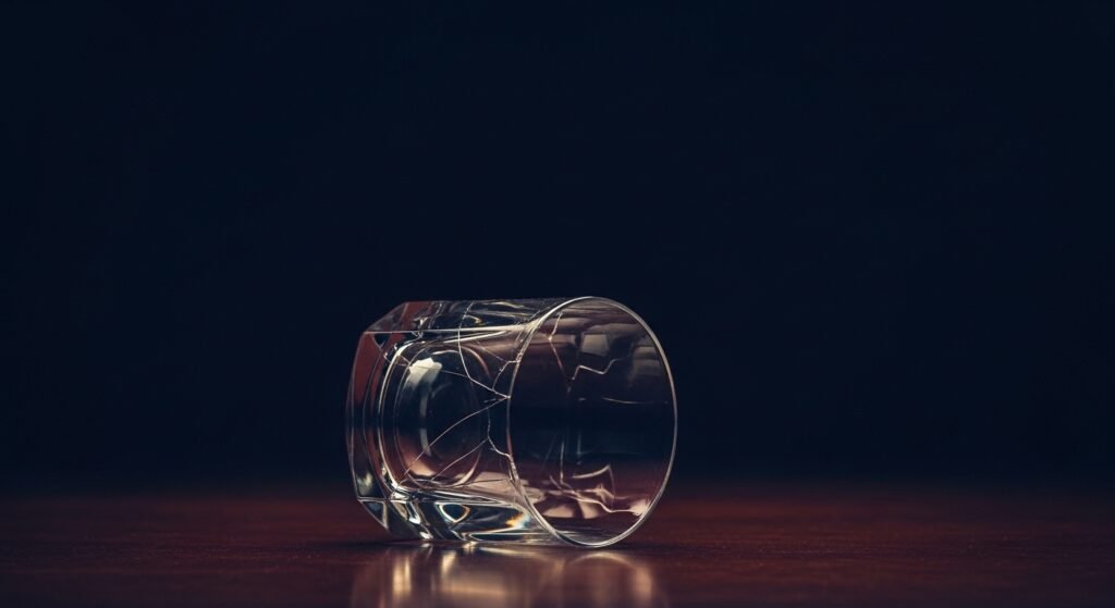 Cristal trincado sobre mesa escura, simbolizando como o corpo reage à exaustão emocional na alta performance.